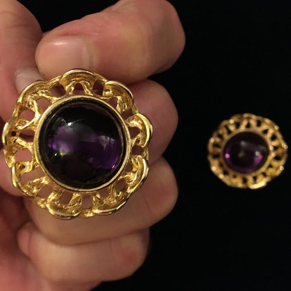 Pierced Earrings Vintage Retro Purple Convex Gold - Picture 9 of 9